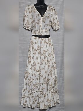 J. Gee White & Brown Floral Women’s 2-piece Tiered Skirt Set Elastic Waist Sz M